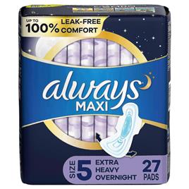 Always Maxi Pads Tamanho 5 Absorção Noturna Com Asas, Sem Perfume, 27 Ea