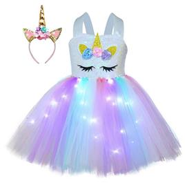 Princess Tutu Princesa Tutu LED Unicórnio Vestido para Meninas Arco-íris Light Up Costumes Luz branca L(5-6Y)