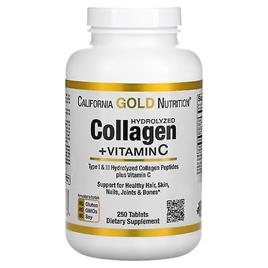 California Gold Nutrition, Peptídeos de colágeno hidrolisados + vitamina C, Tipo I e III, 250 comprimidos