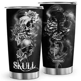 Oasisdream 20oz Skull Print Aço Inoxidável Dupla Parede Vácuo Tumbler isolado com tampa Preto