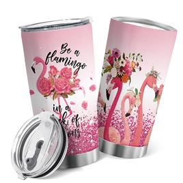 Oasisdream Flamingo Dupla Parede Aço Inoxidável Tumbler Copo de Café Isolado 20oz Rosa
