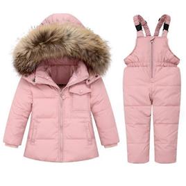 Bebê Meninos Meninas Crianças Com Capuz Pele Artificial Jaqueta Casaco e Calças de Esqui Bib Snowsuit Conjuntos de Roupa de Inverno ROSA 100