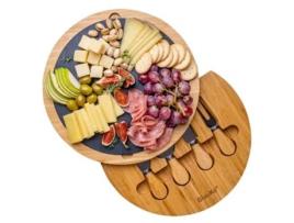 BlauKe Tábua de Queijo em Bambu com Conjunto de Facas e Ardósia – Tábua de Charcutaria Redonda de 27 cm, Tabuleiro de Servir, Prato, Conjunto de Tábua de Queijo em Madeira