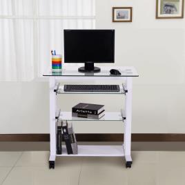 Secretária com Rodas Mesa para Computador com Bancada e Prateleiras de Cristal para Dormitório Escritório 80x51x83cm Branco