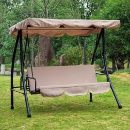Banco de Baloiço Jardim 3 Lugares Convertível em Cama Toldo, Guarda-sol Regulável Almofada Travesseiro Jardim, Varanda, Pátio ou Ar livre 200x125x170 cm Aço Bege