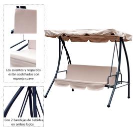 Banco de Baloiço Jardim 3 Lugares Convertível em Cama Toldo, Guarda-sol Regulável Almofada Travesseiro Jardim, Varanda, Pátio ou Ar livre 200x125x170 cm Aço Bege