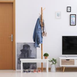 HOMCOM Cabide de Pé com Banco Pendurador Tipo Árvore Moderno 6 Ganchos para Pendurar Roupa Malas Corredor Entrada Bambu e MDF 80x30x180cm