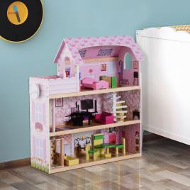 HomCom Casa de Bonecas com 13 peças Móveis Mobiliário Casita de Bonecas de Brincar Madeira 3 Pisos 60x30x71.5cm