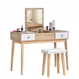 HOMCOM Penteadeira com espelho dobravel Gavetas e Banqueta 100x45x118 Cor Natural