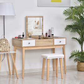 HOMCOM Penteadeira com espelho dobravel Gavetas e Banqueta 100x45x118 Cor Natural