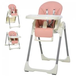 HOMCOM Cadeira de refeição ajustável e dobrável para bebê acima de 6 meses com bandeja dupla 55x80x104 cm Rosa