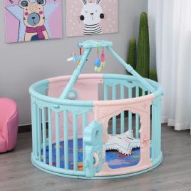 HOMCOM Parque infantil redondo para bebês Berço com Tapete Altura 65,5 cm rosa e azul