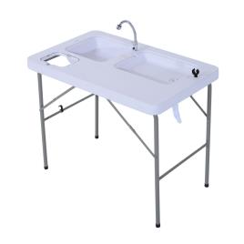 Outsunny Multifuncional Mesa Dobrável 2 em 1 Mesa + Estação de Limpeza Mesa De Piquenique com Torneira e 2 Pias para Pesca Jardim Churrasco Ao Ar Livre Camping 101x66x81 cm