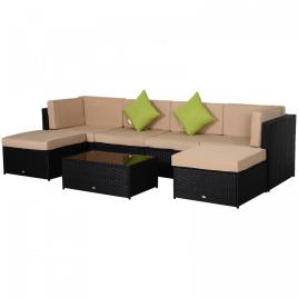 Outsunny Conjunto de móveis de jardim de vime 7 peças mesa Sofás Tamboretes com almofadas laváveis ??preto e verde