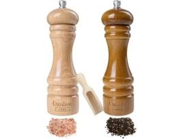 Moinho Manual de Madeira para Sal e Pimenta - CREATIVE HOME - Duo com Colher - Bege e Castanho - 18 cm x 5 cm