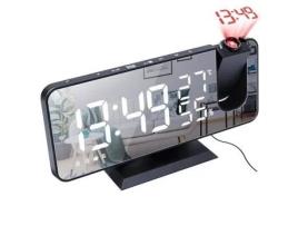 guan®Despertador digital LED, despertador eletrônico de mesa despertador USB, projetor de rádio FM | Preto Branco OLALI