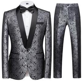 Allthemen Mens 2-Piece bordado Jaquard Banquet Um botão Suit Jaqueta e Calças Prata 3XL