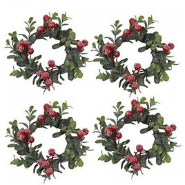 Sweox Anéis de vela 4-pack para velas pilares com lingonberries vermelhas geladas e galhos de lingonberry verde