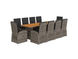 11 Peças Conjunto Jantar Para Jardim Com Almofadões Vime Pe Cinzento Clicnbuy