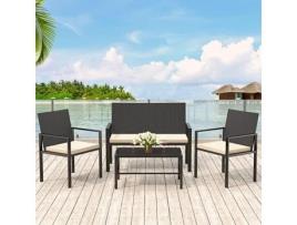 Móveis de Jardim em Imitação de Vime Móveis de Jardim 4 Pessoas com Almofada e Mesa de Centro de Vidro Preto BIGZZIA