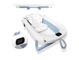 Banheira Dobrável Portátil Azul Simples Para Bebé Com Design Ergonómico, Almofada Antiderrapante, Termómetro Integrado E Tampa De Segurança Home X Gym