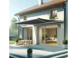 Toldo Coffre Hevoa Branco 5,00x3,50 Motorizado com socorro telecomando - Tela Cinza Escura