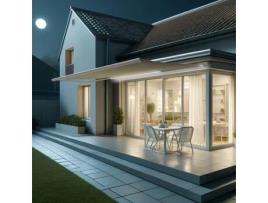 Toldo Coffre Hevoa Branco 6,00x3,50 Motorizado com socorro telecomando e LED - Tela Bege