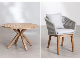 Conjunto de Mesa Redonda de Madeira Ø100 Cm Naele e 4 Cadeiras de Jantar Barker Madeira de Eucalipto Madeira de Acácia Cinzento Glaciar SKLUM