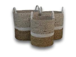 3 Cestos de Tecido Natural e Branco Ø42 X 45 / Ø38 X 42 / Ø34 X 39 Coleção Hsm