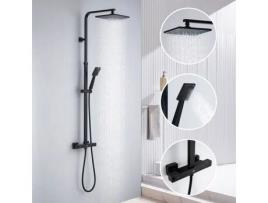 Coluna De Chuveiro Misturador Termostático 2 Funções Conjunto De Chuveiro Preto Em Latão Altura Regulável 110 137 Cm Auralum Max