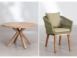 SKLUM Conjunto de Mesa Redonda de Madeira Ø100 Cm Naele e 4 Cadeiras de Jantar Barker Madeira de Eucalipto Madeira de Acácia Verde Bambu