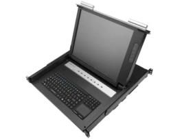 Console e switch KVM IP65 de 16 portas para gabinete rack 19 1U. Teclado mousepad e tela de 17  RACKMATIC