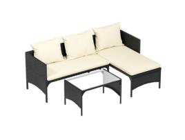 Conjunto De 3 Lounge Para Jardim Em Vime Preto Com Almofada Racingreat (1 Sofá De Dois Lugares 1 Espreguiçadeira 1 Mesa De Centro)