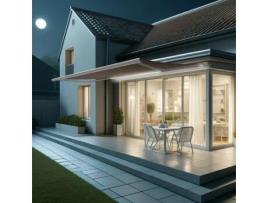 Toldo Coffre Hevoa Branco 6,00x3,50 Motorizado com socorro telecomando e LED - Tela Taupe