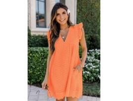 Vestido de Renda Manga Curta com Decote em V VCTEX  (Laranja)
