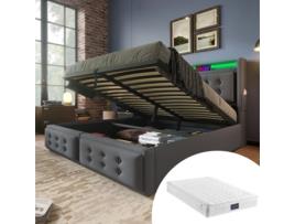 Cama Com Colchão Dupla E Cabeceira Estofada Led Usb-c Armazenamento Pangshiyaun Algodão Linho Cinzento (109x220x141cm)