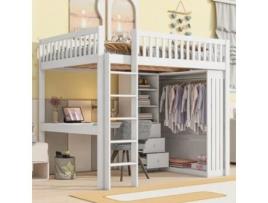 Cama Alta Multifuncional Escrivaninha Roupa Escada Armazenamento Pangshiyaun Branco (180x205x145cm)