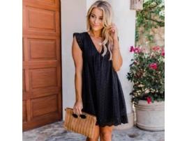 Vestido de Renda Manga Curta com Decote em V VCTEX  (Preto)