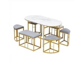 Conjunto De Mesa E 6 Cadeiras 4 Bancos 2 Bancos Cadeiras Com Assento Almofadado Estrutura Metálica Dourado Uytie