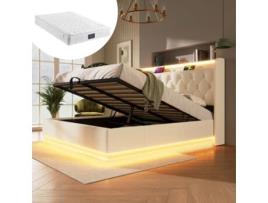Cama Com Colchão Dupla Estofada Led Controle Remoto Usb Pangshiyaun Pele Sintética Branco (104x220x154cm)