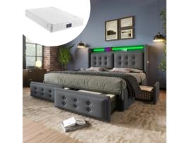 Cama Com Colchão Dupla E Cabeceira E Gavetas Estofada Led Usb-c Pangshiyaun Algodão Linho Cinzento (106x220x148cm)