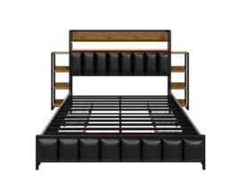 Cama Com Gavetas Led Prateleiras Uytie Pele Sintética Preto (160x200)