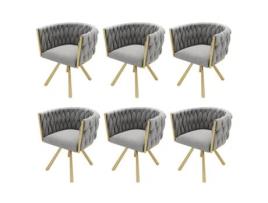 Conjunto De 6 Cadeiras Giratórias De Veludo Com Braços Pernas De Metal Dourado Cinzento Raumio