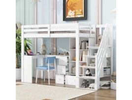 Cama Com Gavetas Alta Multifuncional Escada Retrátil Escrivaninha Pangshiyaun Madeira De Pinho Mdf Branco (160x254x95cm)