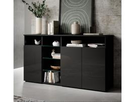 Aparador Melinda Com Luzes Led 150x82x40 Cm Preto Brilhante Design Moderno Fabricado Em Espanha Domensino