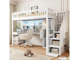 Cama Alta Multifuncional Luz Led Escada Armazenamento Prateleiras Pangshiyaun Branco (165x250x95cm)