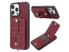 Suporte Casa Queda Textura Lichia Para Iphone 14 Abeel Pele Sintética Com Porta-cartões Vermelho