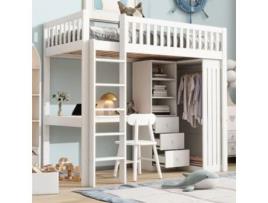 Cama Alta Multifuncional Escrivaninha Roupa Escada Armazenamento Pangshiyaun Branco (180x205x95cm)