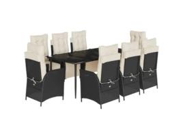 Conjunto 9 de jantar p/ jardim c/ almofadões VIDAXL vime PE preto