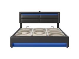 Cama Com Gavetas Contentor Led Portas Carregamento Sem Uytie Madeira Pele Sintética Preto (180x200)